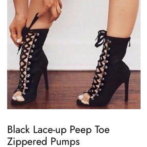 Black Lace-Up, Peep Toe Pumps